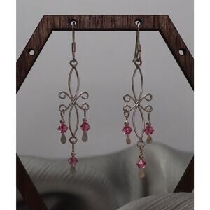 MC Sterling Silver Pink Crystal Beaded Dangle Earrings 2.40G / 2.3in